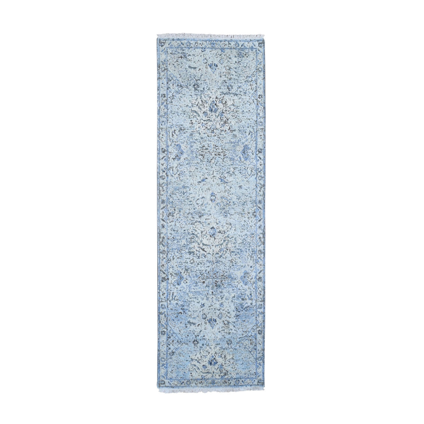 2'6"x8' Ivory and Blue Distressed Oushak Pure Silk with Textured Wool Runner Hand Knotted Oriental Rug 